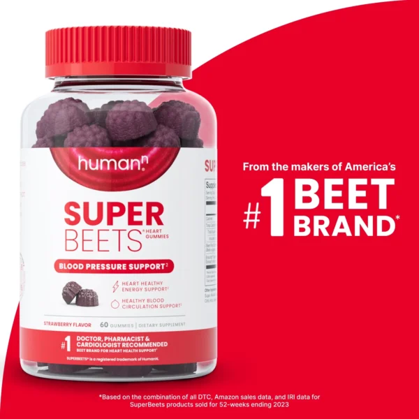 HumanN SuperBeets Strawberry Heart Gummies - Beetroot & Grape Seed Extract, 60 Count